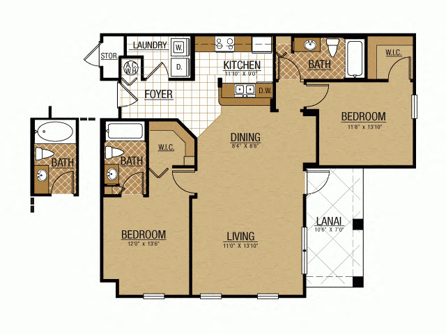 Floor plan for 2 beds, 2 baths, 1089 sqft